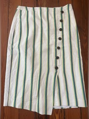 Halogen Striped Button Front Midi Pencil Skirt White Green Blue Size 10
